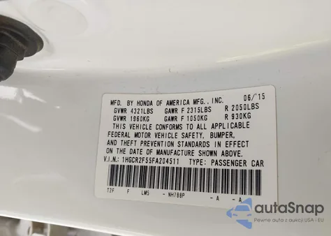 2015 Honda Accord Sport z USA, uszkodzony, nr VIN 1HGCR2F55FA204511